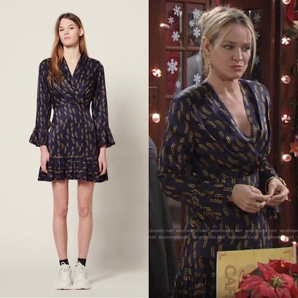 SANDRO Silk Satin Chain Print Draped V-Neck Long Bell Sleeve Ruffle Hem Dress XS - Picture 4 of 11